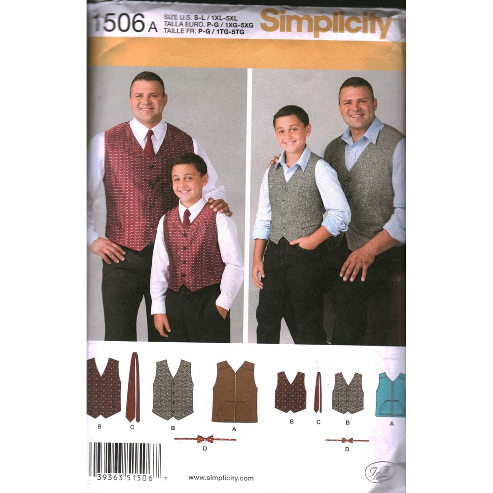 Simplicity 1506 Sewing Pattern Husky Boys Big and Tall Mens Vests Ties S-1XL